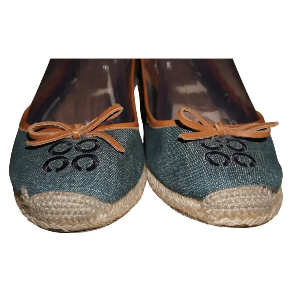 Coach Denim Espadrille Ballet Flats Women’s 10 Blue Tan Logo Bow Casual Shoes - Picture 2 of 9